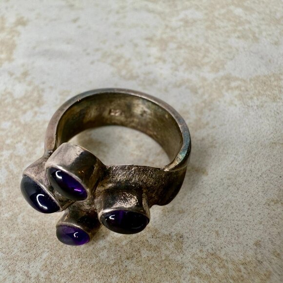 Vintage Sterling Silver Amethyst Ring Size 8 Modernist Brutalist Statement - Picture 6 of 6
